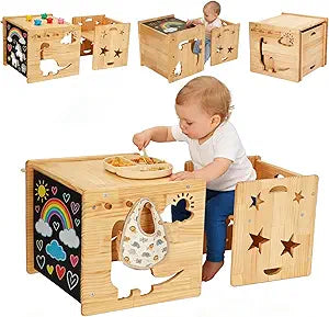 Montessori Weaning Table and Chair Set, 1-3 Year Old Kids Table and Chairs with Blackboard, Wooden Toddler Table and Chair Set Storage Hooks, Puzzle Storage Boards, for Dining, Sketching, and Reading