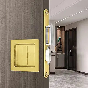 Modern Pocket Door Hardware Set - Privacy Lock with Finger Flush Pulls & Soft Close, for Sliding Barn Doors, Pocket Doors, Bedroom (Gold, Square Privacy Lock)