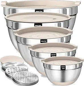 Umite Chef Mixing Bowls with Airtight Lids Set, 8PCS Stainless Steel Nesting Bowls with Grater Attachments, Non-Slip Bottoms, 5, 4, 3.5, 2, 1.5QT for Mixing & Serving