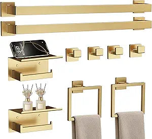 10-Piece Brushed Gold Bathroom Accessories Set, 23.6 Inch Bathroom Hardware Set, SUS304 Stainless Steel Bath Towel Bar Set, Toilet Paper Holder with Shelf, Towel Hooks & Ring Wall Mounted