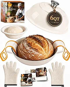 AHJ 6QT Dutch Oven For Bread Baking, Enameled Cast Iron Dutch Oven Pot with Lid, Multi-Functional Bread pan, Sourdough Baking Supplies with Proofing Basket, Cast Iron Bread Oven, Silicone Sling & Gloves.