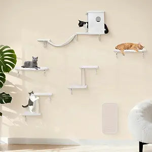 Meecal 6-in-1 Cat Wall Shelves, Wall-Mounted Cat Furniture for Indoor Kittens, Cat Shelves for Wall with Scratching Posts, Bed, Perch, Bridge, Condo, Steps and Scratcher, Space-Saving Gym, White