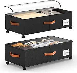 Under Bed Storage with Wheels 2 Pack, 9.5" Tall Large Capacity Containers
