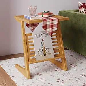 Bme Neil Nightstand Mid Century Modern Side Table, Rubberwood Nightstand with Z Shaped Frame and L Storage Bars Stylish, End Table for Bedroom, Living Room or Office - Teak Brown