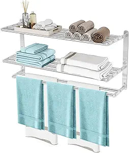 3 Tier Towel Racks for Bathroom Wall Mounted, 32 inch Bathroom Shelf with Towel Bar, Brushed Nickel Shelves for Towels, Stainless Steel Modern Silver Multi Holder