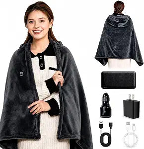 MIMYTH Cordless Heated Blanket with Hood, Rechargeable Wearable Heated Blanket Battery Powered, Lasting Battery, 9 Heating Zones, 3 Levels, Portable Heated Throw, Camping (Warm Stone Gray)