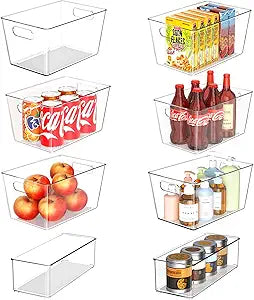 Set of 8 Clear Plastic Storage Bins, 6 Large +2 Small Pantry Organizers and Storage Containers for Kitchen Organization, Home Storage Essentials for Office, Closet, Garage, Freezer& Bathroom