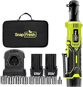 SnapFresh 12V Cordless Ratchet Wrench, 55 ft-lbs Torque, 22.0Ah Batteries with Fast Charger, 3/8" Drive Battery Powered Electric Sub-Compact Power Ratchet, Variable Speed, 9 Sockets & 1/4" Adapter
