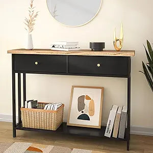 FLYJOE 42" Solid Wood Console Table with 2 Fabric Drawers, Entryway Table with Storage Shelves, Sofa Table for Entryway, Hallway, Living Room, Kitchen or Behind Couch in Foyer, Black