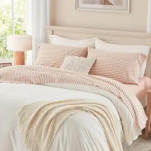 PURE ERA Queen Sheet Set 100% Washed Cotton Gingham Bed Sheets