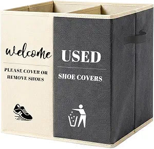Shoe Cover Box with Door Hanging Sign Foldable Double Compartment Storage Bin, Freestanding Dispenser Organizer for Home, Office, Entryway (Beige Gray)