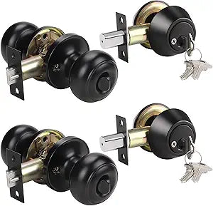 KNOBWELL 2 Pack Entry Door Knob and Double Cylinder Deadbolt Set, Keyed Alike Door Lock Sets, Black Exterior Door Knob with Deadbolt for Office Front Door, Front Door Handle and Deadbolt Set