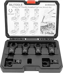 BILITOOLS 6PCS Flex Head Crows Foot Line Wrench Set, 3/8" & 1/2" Drive Injector Fuel Line Sockets Wrench Set, Crowfoot Flare Nut Socket Wrench Metric 12 14 16 17 18 19 mm with Storage Box