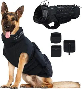 Dora Bridal Dog Winter Coat with Harness Built in, Warm Windproof Reflective Dogs Jacket, Pet Vest with Molle Panels and 3 Pouches for Large Dogs, Black, L
