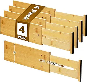 DoubleFill 4 Pcs 6 Inch High Drawer Dividers 15"-22" Adjustable Bamboo Drawer Dividers Deep Expandable Dresser Organizer with Spring Loaded for Bedroom Bathroom Kitchen Office(Wood Color)