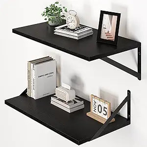 Heimlove Black Deep Floating Shelves for Wall, 20W x 12D Wood Wall Shelves Set of 2, Wide Floating Bookshelf for Living Room, Kitchen, Office, Bedroom and Decor Storage, with Metal Bracket - Black