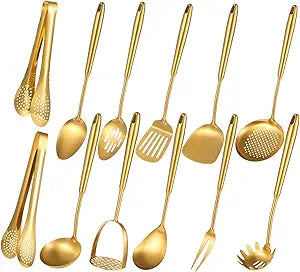 12 Pcs Gold Cooking Kitchen Utensil Set - 304 Stainless Steel Cooking Utensils with Ergonomic Handle, Include Spatula Turner Soup Ladle and Food Tongs, Excellent Cooking Gadgets Tools Set