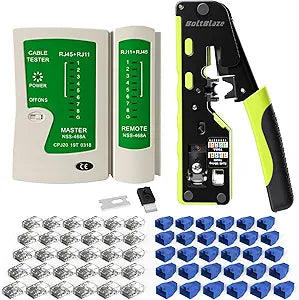 RJ45 Crimp Tool Kit, All-in-One Ethernet Crimper Cat7 Cat6 Cat5 Crimping Tool for RJ11/RJ12 Standard with Network Cable Tester, 50-Pack Cat6 RJ45 Pass Through Connector, 50-Pack Connector Boots