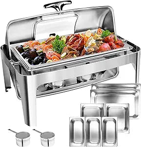 13 QT Roll Top Chafing Dish Buffet Set, Stainless Steel Food Warmer with Perspective Window for Parties, Birthday, Hotels and Weddings,1 Full&2 Half&3 Third Size Food Pan and 1 Water Pan