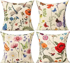 All Smiles Outdoor Patio Throw Pillow Covers 24x24 Set of 4 Summer Spring Garden Flowers Farmhouse Dcor Outside Furniture Swing Seat Bench Chair Decorative Cushion Cases for Deep Seat Bed Couch Sofa