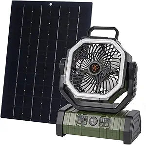 20000mAh Solar Camping Fan with 10w Solar Panel, Rechargeable Solar Powered Bank for Outside, LED Lantern, Quiet Battery Operated Tent Fan for Picnic, Barbecue, Fishing, Travel (Green)