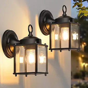 MATAMEYE Outdoor Wall Lantern, Exterior Waterproof Wall Sconce Light Fixtures, Black Front Door Wall Lighting with Clear Beveled Glass Shade, 2 Pack