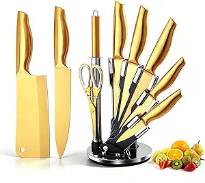 Gold Knife Set,8Pcs Gold Non-Rust Dishwasher Safe Stainless Steel Kitchen Knife Set with Black Acrylic Knife Holder,Gift for Women Men Cooking