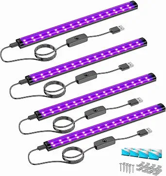 Onforu 4 Pack 10W LED Black Light Bar, 1ft, USB Blacklight Tube, Blacklight Bars with Switch, Black Light for Fluorescent Tapestry Poster, Cabinet, Glow Party, Halloween, Classroom, Body Paint