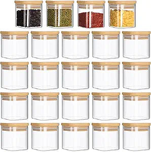 Nuenen Set of 24 Airtight Square Spice Containers 4 oz Glass Spice Jars with Bamboo Lid Small Seasoning Jars Empty Food Storage Containers for Pantry Clear Food Canisters for Kitchen Sugar Coffee