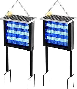 Qualirey 2 Pcs Solar Bug Zapper Outdoor Waterproof Mosquito Zapper with 3000v High Powered Rechargeable Electric Mosquito Killer with Grounding Bracket Fly Insect Trap for Patio Garden