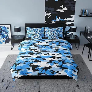 Erosebridal Blue Camouflage 7 Piece Bed in A Bag King Camo Militarily Tie Dye Comforter Set | Army Retro Campaign Bedding Sets for Kids Boys Girls Military Themed Geometric Sheet Set with Comforter