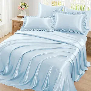 Homiest Ruffled Satin Sheets Queen Size 6pc Set - Light Blue Bed Sheet Set with 15 Inch Deep Pocket Fitted Sheet, 1 Flat Sheet, 2 Ruffled Pillow Shams & 2 Pillowcases, Similar to Silk Sheets