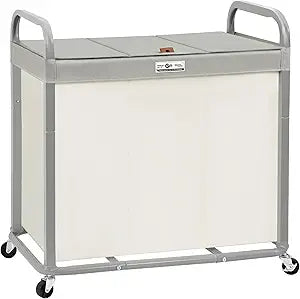 STORAGE MANIAC 3 Section Laundry Sorter, 60 Gal. Laundry Hamper Cart with Heavy Duty Rolling Lockable Wheels and Removable Bags, Clothes Organizer Basket Clothes Separator Hamper, Beige with Lid