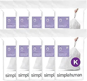 simplehuman Code K 200 Count Custom Fit Liners, Drawstring Kitchen Trash Bags, One-by-One Mess-Free Dispense, Extra Thick & Double Seamed, 50% PCR Plastic, 30-45 Liter / 8-12 Gallon, White