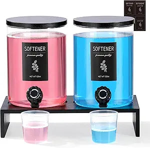 Glass Laundry Detergent Dispenser with Shelf & Black Bamboo Lid - 120 Oz Liquid Detergent, Laundry Soap & Fabric Softener Dispenser for Laundry Room Organization and Storage with 2 Cups & 8 Labels