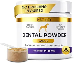 Petscy Dog Dental Powder for Teeth Cleaning & Fresh Breath Support | Helps Reduce Tartar Build Up | Plaque Off No Brush Dog Teeth Cleaning Powder & Breath Freshener | Daily Food Topper (Large Dogs)