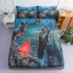 Kids Dinosaur Sheet Set - Queen Size Boys Dinosaur Bed Set - 3 PC 3D T-Rex Triceratops Tanystropheus War Bed Fitted Sheet (Fitted Sheet x 1 Pillowcase x 2)
