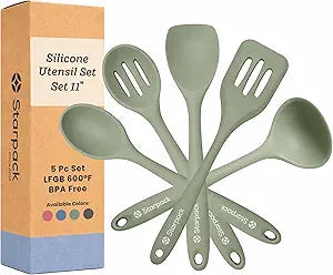 Starpack Stir and Serve Silicone Cooking Utensils Set (5-Piece, 11") - LFGB Non Toxic, 600F Heat Resistant, BPA-Free - One-Piece Seamless, Dishwasher Safe - for Nonstick Cookware, Sage Green