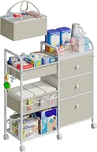 Cidaziya 2In1 Baby Diaper Caddy Organizers and Storage, 3 Tier Rolling Cart with Dividers and Drawers, Mobile Utility Cart Baby Dresser Clothes Organizer for Changing Table, Crib Nursery, Bedroom