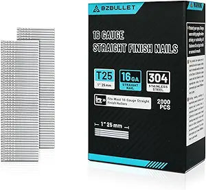 16 Gauge 1 Inch (25mm) Finish Nails, 304 Stainless Steel, Anti-Rust for Interior/Exterior Projects, Fits Most Nailers (4 Boxes of 2000 Count, 8000 Total)