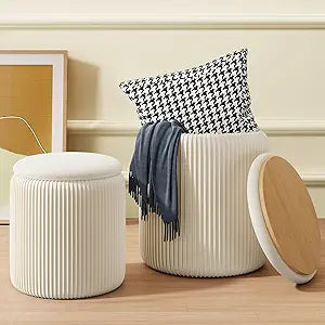 Round Ottoman with Storage Set of 2, White Vanity Stool, Upholstered Velvet Storage Ottomans, Makeup Chair Seat for Bedroom, Small Pouf Footstool for Living Room