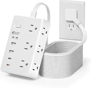 15Ft Long Extension Cord, PD20W, 6 outlets, 2A2C, Flat Plug Surge Protector