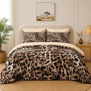 Pamnest Comforter Set Queen Size, Leopard Animal Cheetah 7 Pcs Bedding for Kids and Adults, Painting African Cat Bed Sheet Sets with Fitted Sheet 2 Pillowcases & 2 Shams for Bedroom Bed Decor
