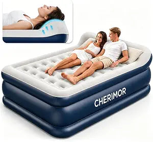 CHERIMOR Pillow Top Queen Air Mattress with Built in Pump, 20.5" Raised Height Blow Up Mattress Built-in Pillow, Supports 800 lbs, Portable 3 Min Self Inflating Air Bed for Guests Home Camping