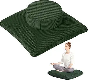 Meditation Cushion Set 32in, Large Round Zafu Floor Pillow for Adults, Soft Meditation Pillow Yoga, Zabuton Prayer Pad Set to Mindfulness, Yoga, Removable Corduroy Cover, Green
