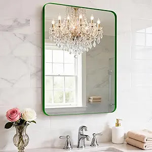 24" x 28" Green Bathroom Mirror Wall Mounted, Matte Aluminum Alloy Frame with Rounded Corners, Shatterproof Tempered Glass, Anti-Rust HD Vanity Mirror for Bathroom, Bedroom, Entryway