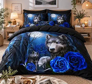 CCoutueChen Wolf Comforter Set Queen Size, Blue Rose Moon Gothic Bedding