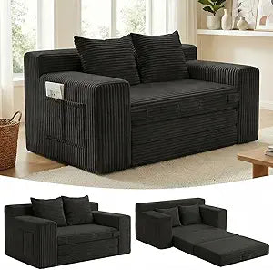 Boneless Couch,Boneless Loveseat Sleeper Sofa Bed 3-in-1 Convertible Couch Bed with Side Pockets & Handle,Pull Out Corduroy Futon for Small Space,Living Room & Bedroom,2 Pillows Included,No Assembly