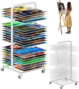mocomax Art Drying Rack for Painting, Metal Paint Drying Stand with 40 Removable Shelves, Movable Paint Drying Rack with Lockable Wheels, Art Canvas Storage Rack for Classrooms & Art Studios, White
