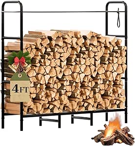 Firewood Rack 4FT Heavy Duty Metal, Outdoor Indoor Log Holder Stand for Fireplace Wood Storage, Wood Pile Stacker Organizer for Patio, Black
